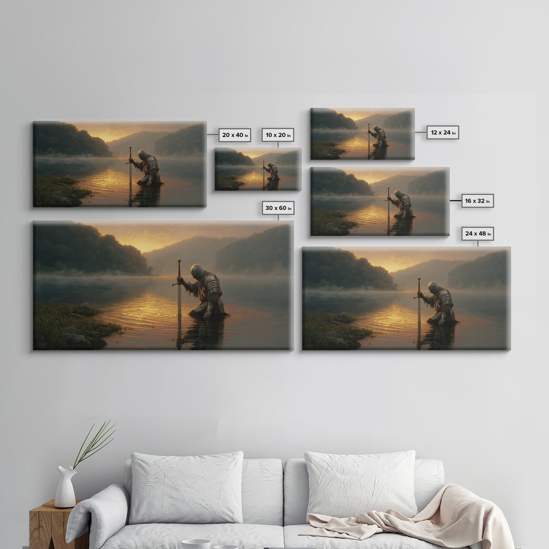 Kneeling Knight In Misty Lake At Sunrise Framed Canvas Print, Fantasy Wall Art, Medieval Decor, Man Cave Art, Gift For Him