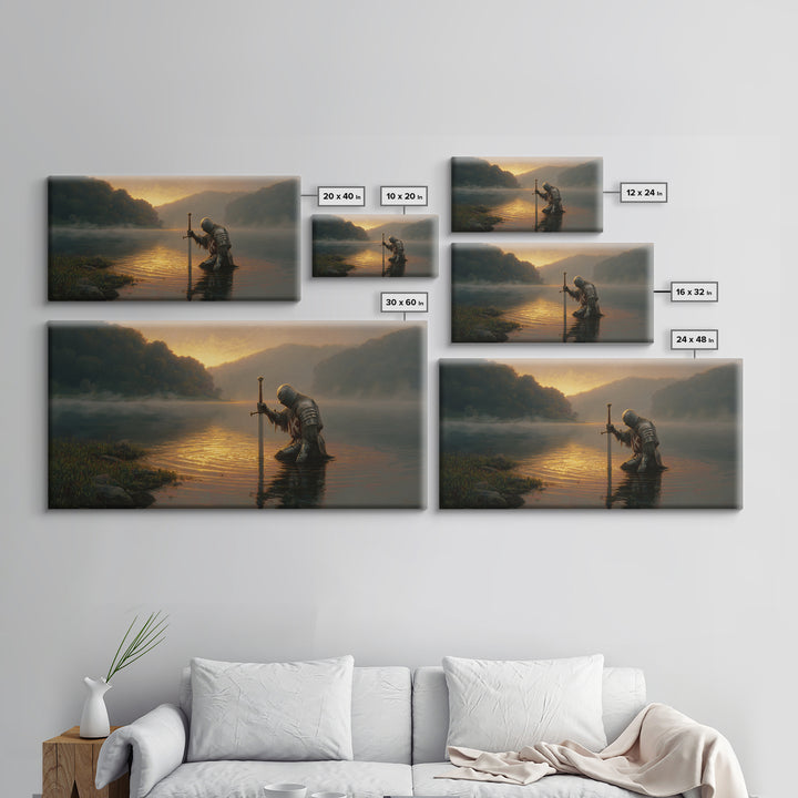Kneeling Knight In Misty Lake At Sunrise Framed Canvas Print, Fantasy Wall Art, Medieval Decor, Man Cave Art, Gift For Him