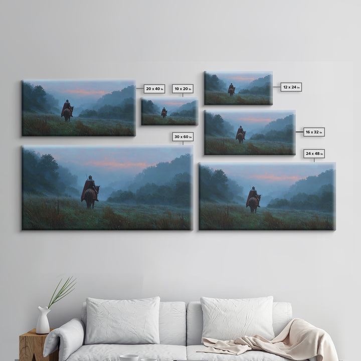 Lone Rider In Misty Forest Canvas Print, Moody Landscape Wall Art, Medieval Horseman Decor, Fantasy Adventure Gift For Him