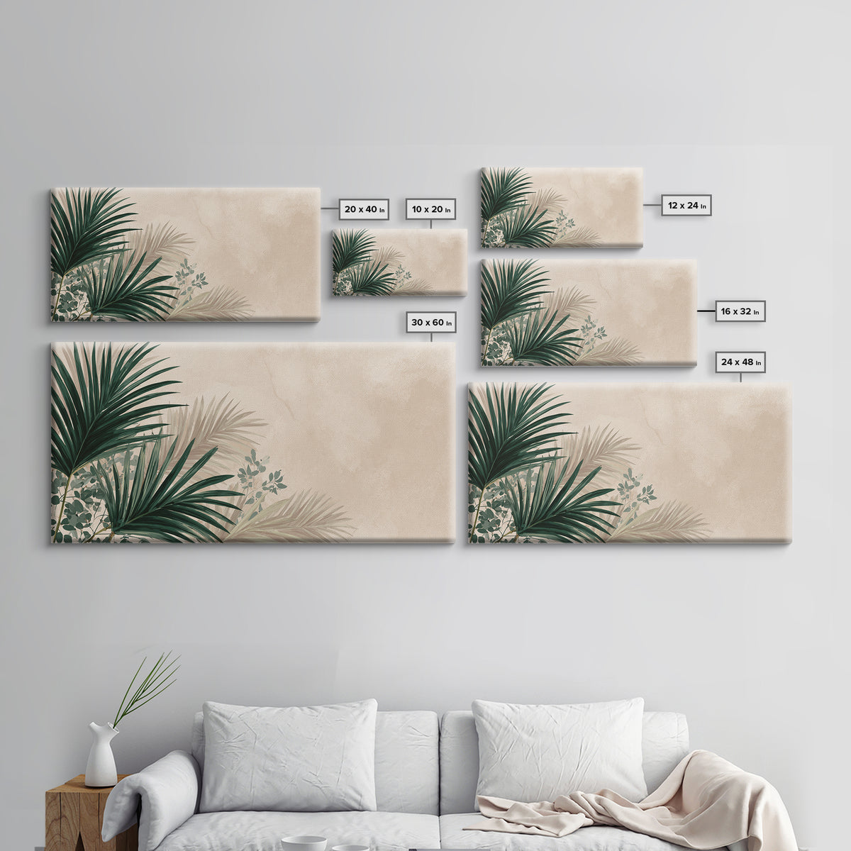Large Tropical Palm Leaves Canvas Print, Neutral Botanical Wall Art, Coastal Boho Decor, Modern Green Living Room Art Print
