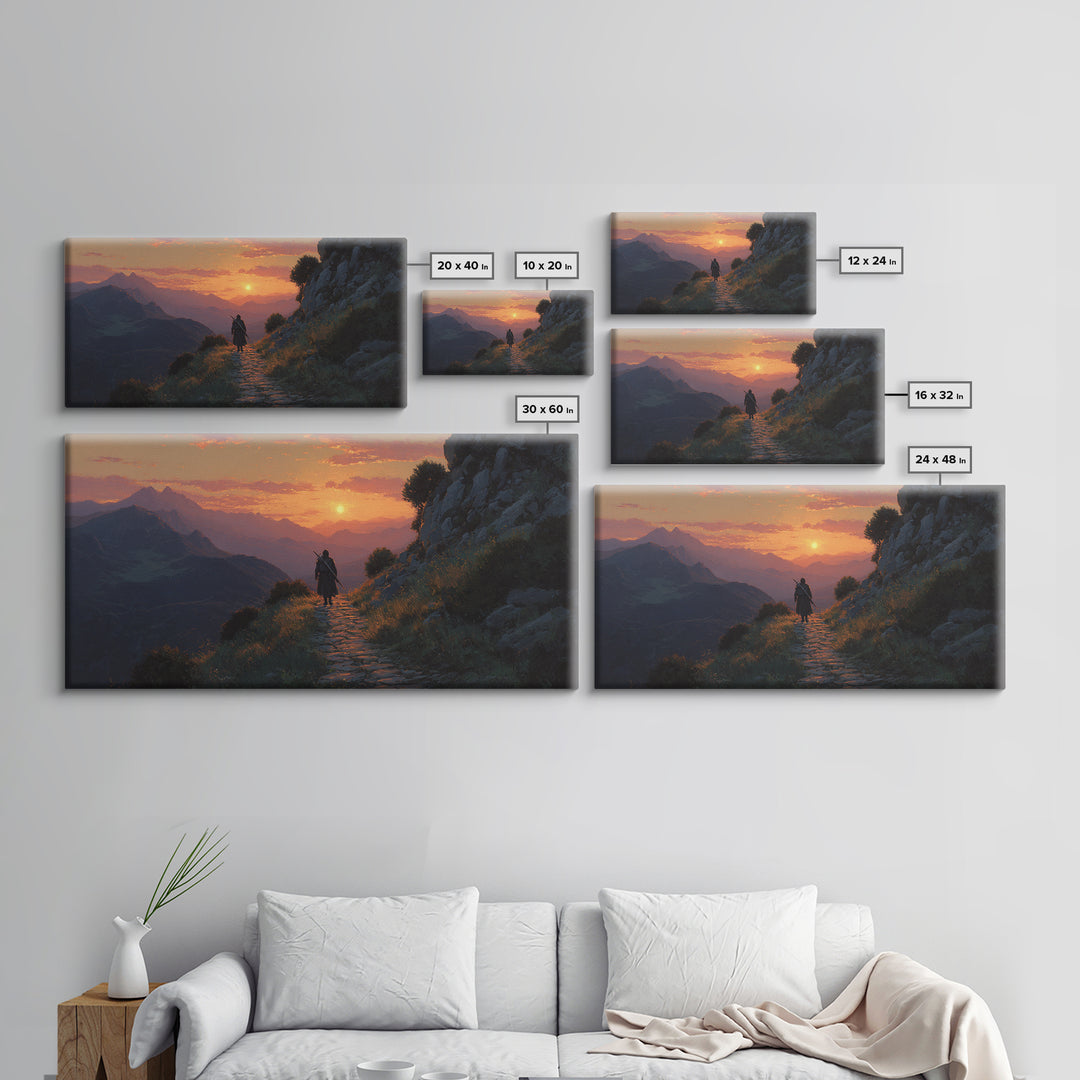 Lone Traveler Mountain Sunset Wall Art, Fantasy Landscape Canvas Print, Above Bed Decor, Adventure Gift, Nature Wall Decor