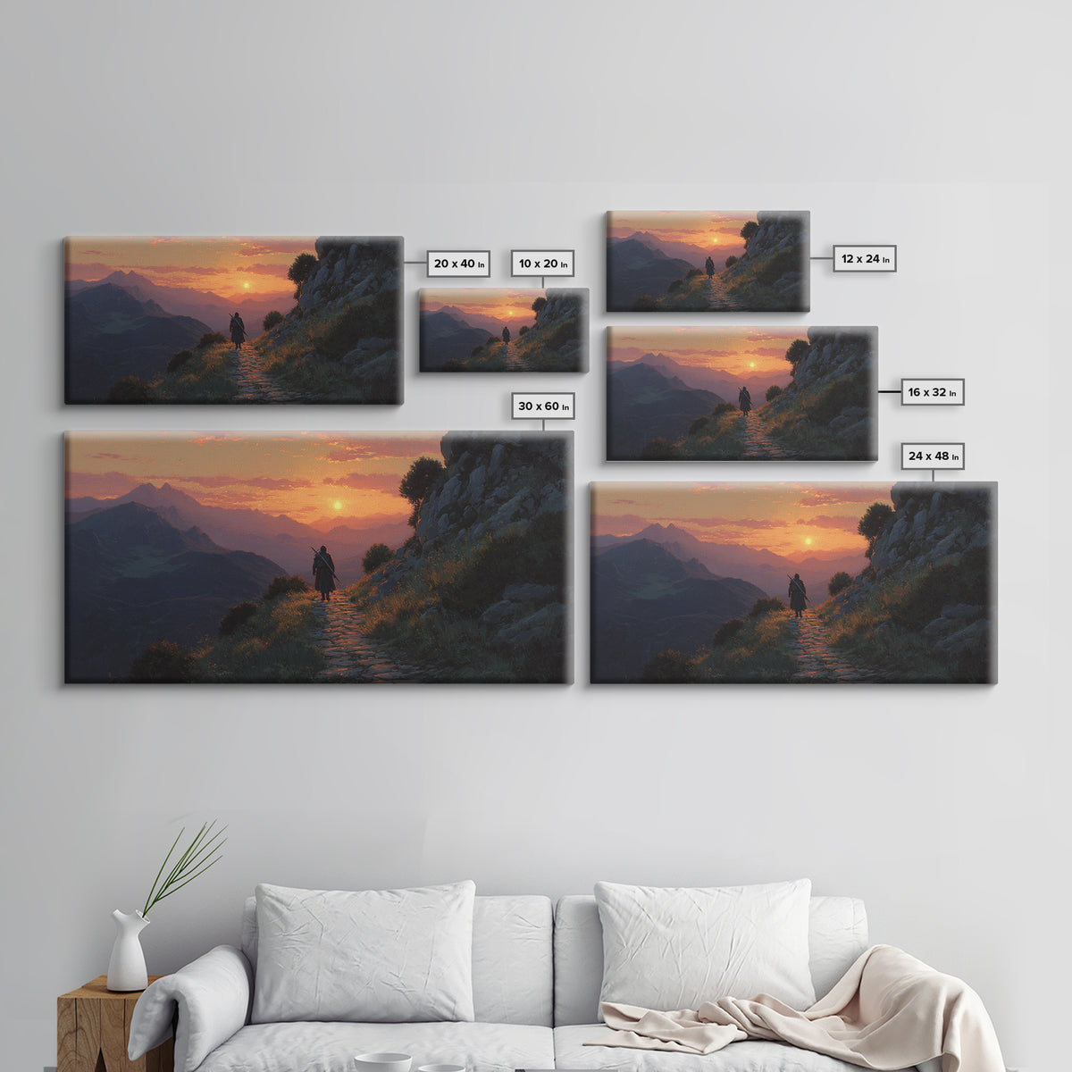 Lone Traveler Mountain Sunset Wall Art, Fantasy Landscape Canvas Print, Above Bed Decor, Adventure Gift, Nature Wall Decor