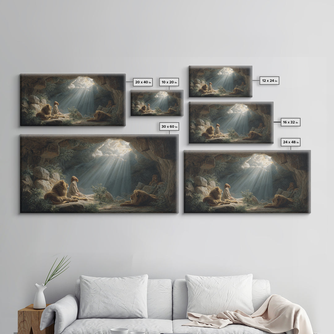 Sunlit Cave Child With Lions Canvas Print, Biblical Fantasy Wall Art For Nursery Decor, Prayer Room Decor And Housewarming Gift