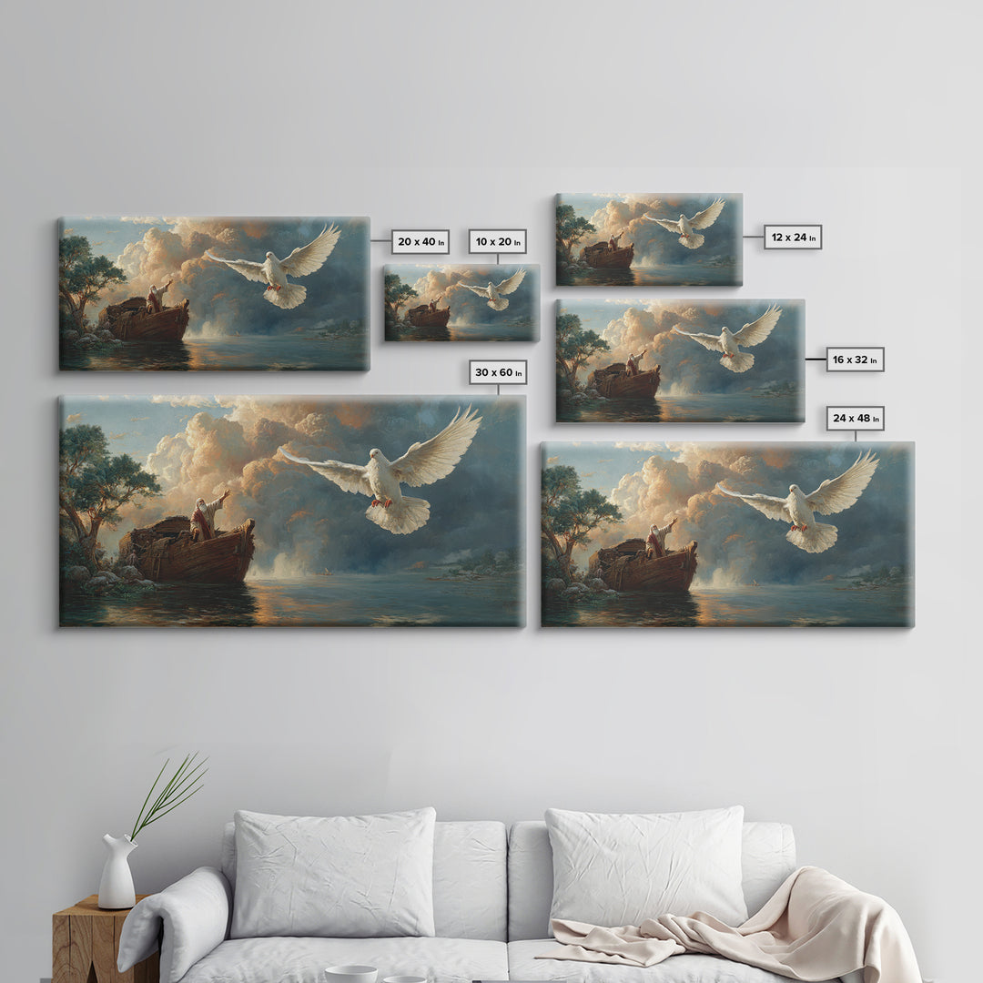 Noah Releasing White Dove From Ark Framed Canvas Print, Biblical Wall Art, Christian Decor, Spiritual Gift For Prayer Room