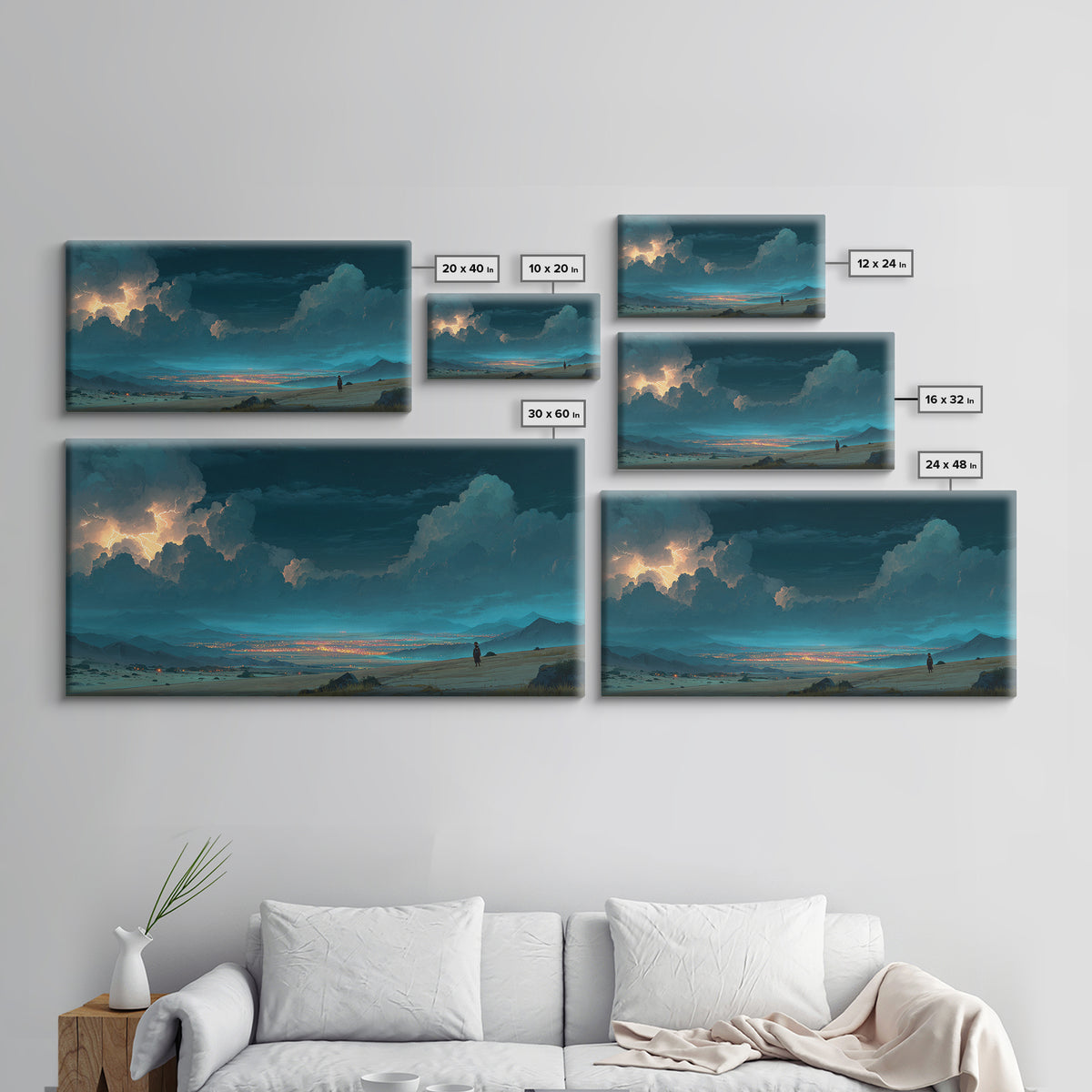 Moonlit Desert Storm Wall Art, Moody Blue Night Landscape Canvas Print, Southwest Travel Decor, Dramatic City Lights Gift