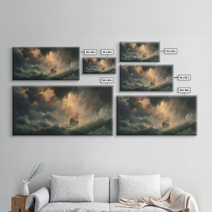 Lightning Storm Ship At Sea Canvas Print, Moody Ocean Seascape Wall Art, Nautical Decor, Dramatic Coastal Wall Decor For Living Room