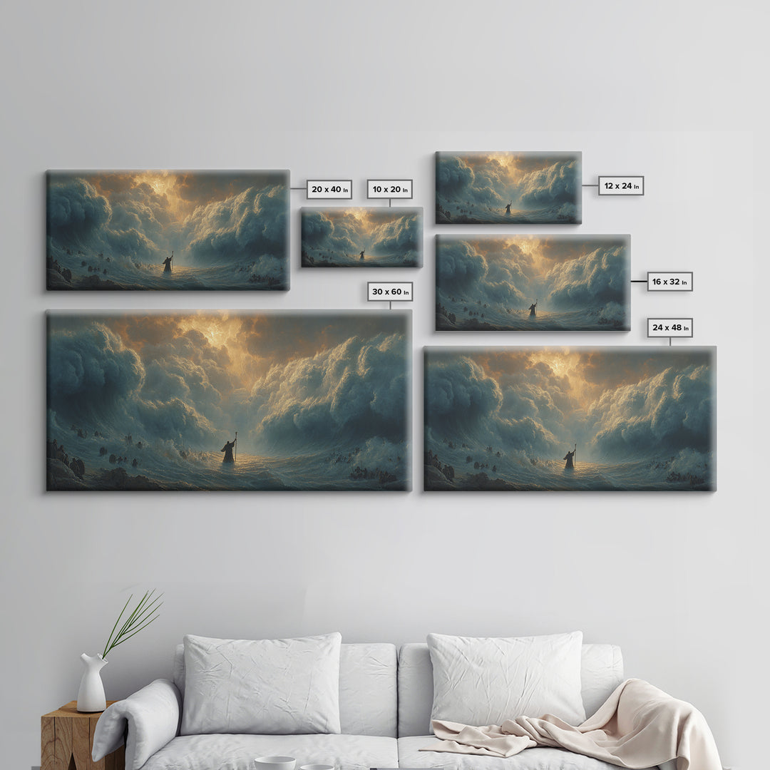 Moses Parting The Red Sea Wall Art, Biblical Ocean Storm Painting, Christian Home Decor, Dramatic Faith Gift For Living Room