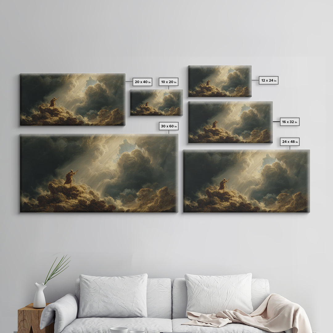 Prophet On Stormy Mountain Canvas Print, Biblical Wall Art, Divine Light Clouds, Spiritual Landscape Decor Gift For Prayer Room