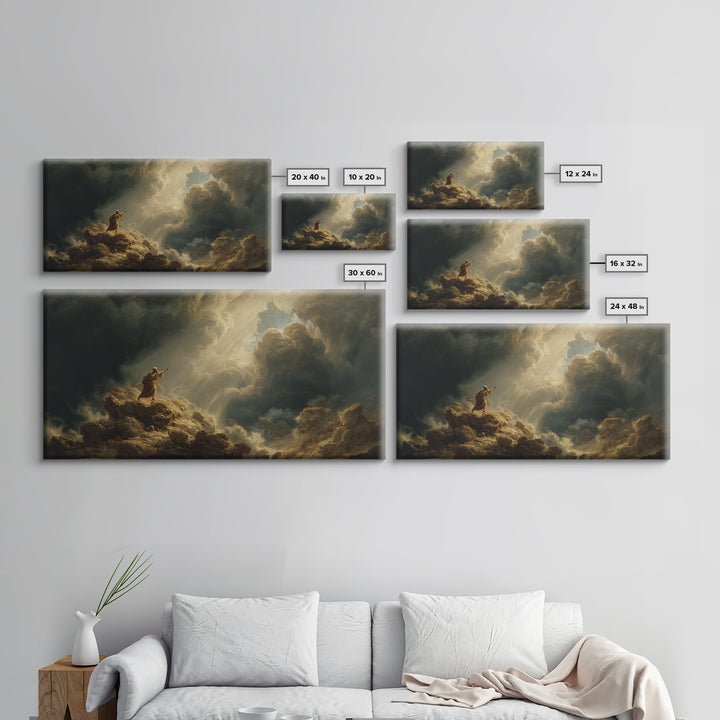 Prophet On Stormy Mountain Canvas Print, Biblical Wall Art, Divine Light Clouds, Spiritual Landscape Decor Gift For Prayer Room