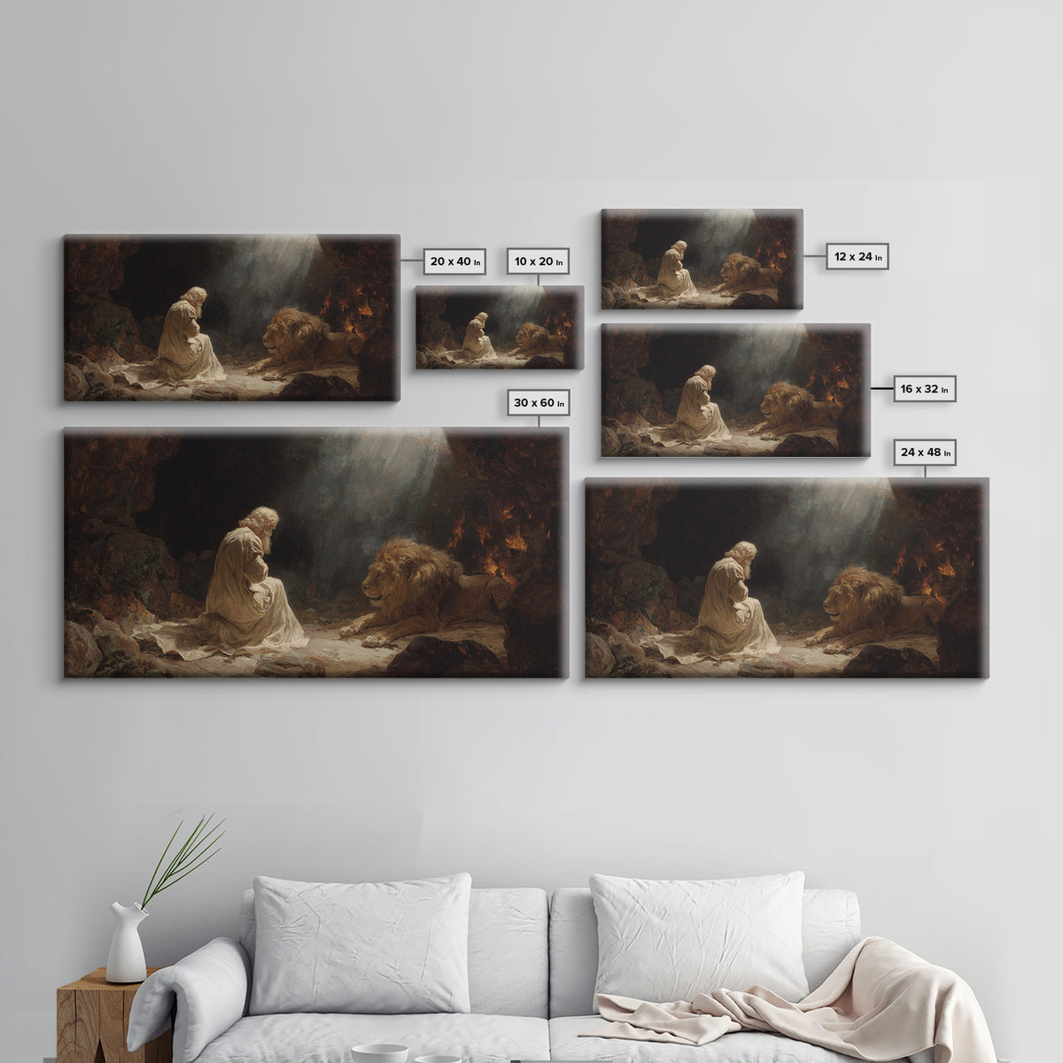 Praying Man With Lion Cave Wall Art, Christian Canvas Print, Biblical Daniel Decor, Spiritual Fine Art For Prayer Room Decor