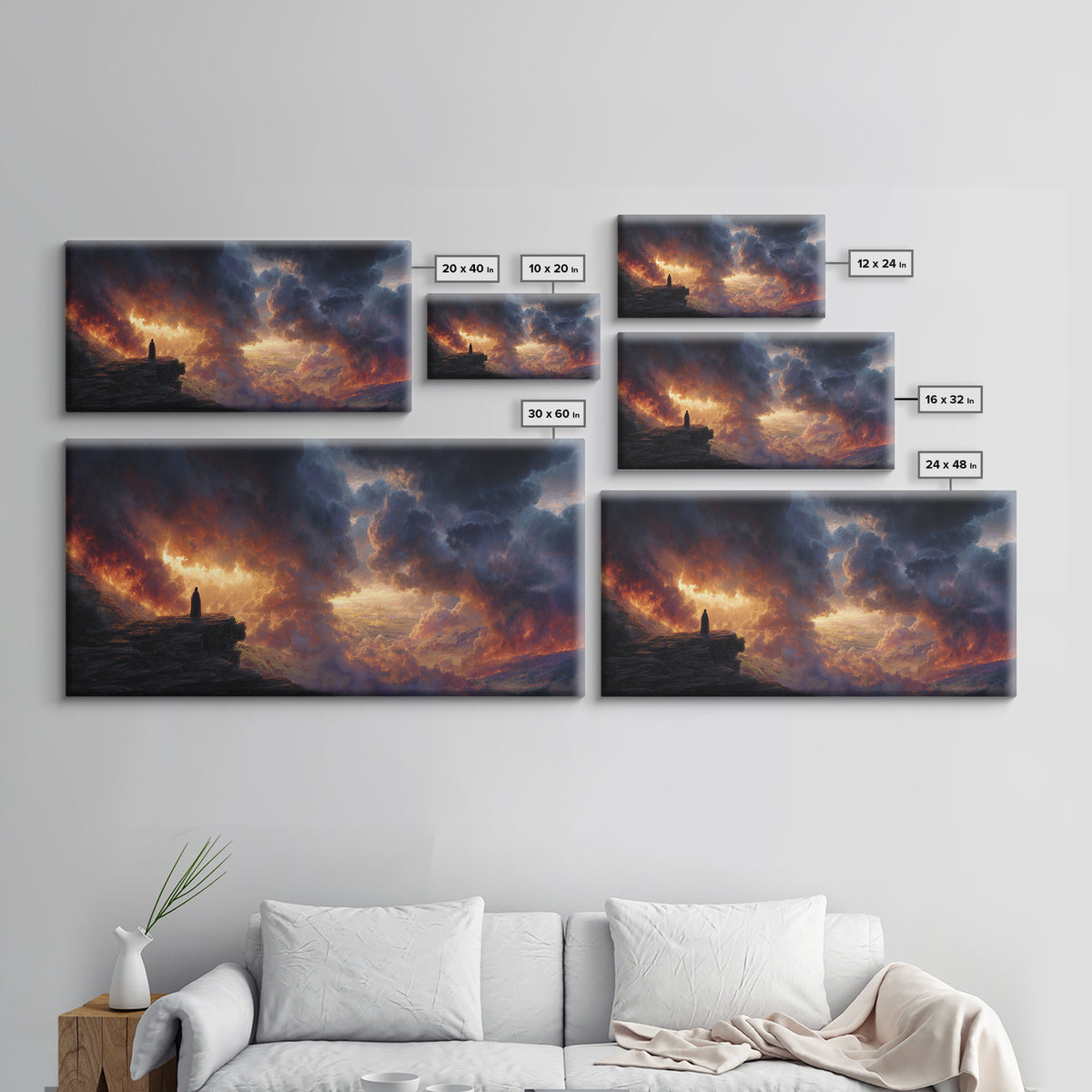 Lone Figure Before Fiery Storm Wall Art, Dark Fantasy Canvas Print, Dramatic Surreal Landscape, Moody Office Decor Gift For Him