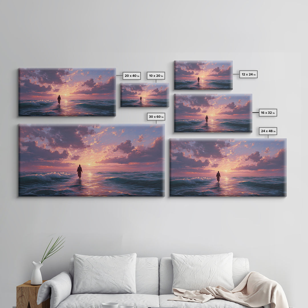Solitary Figure In Ocean Sunset Waves Wall Art, Seascape Canvas Print, Coastal Decor, Romantic Bedroom Art, Gift For Her