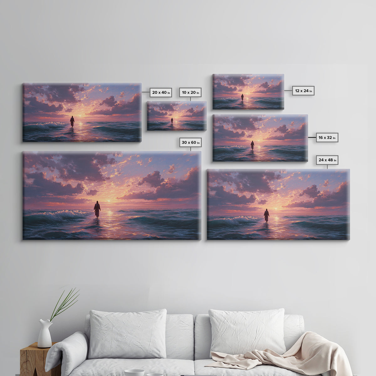 Solitary Figure In Ocean Sunset Waves Wall Art, Seascape Canvas Print, Coastal Decor, Romantic Bedroom Art, Gift For Her
