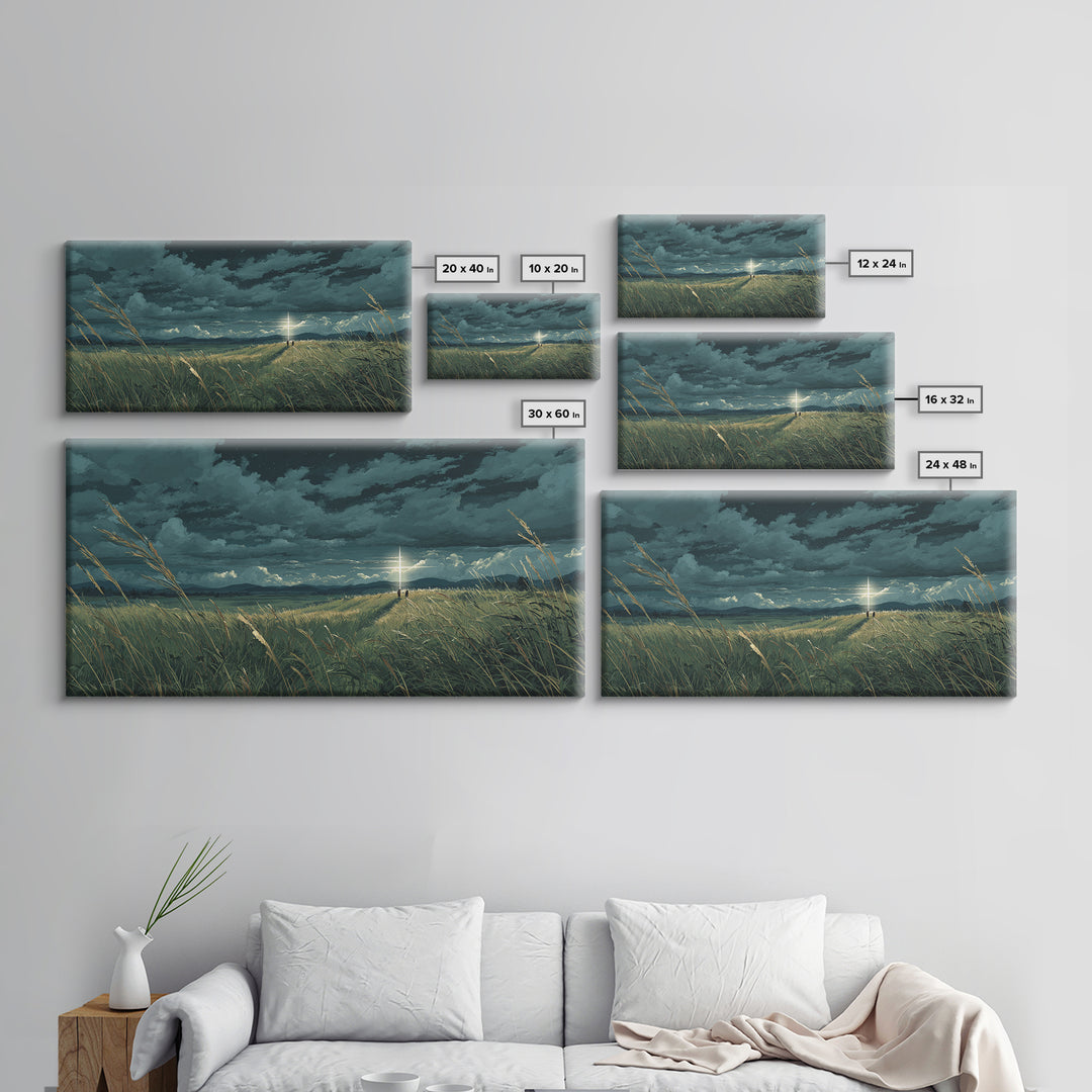 Lone Figure In Stormy Meadow Wall Art, Moody Fantasy Landscape Canvas Print, Cinematic Field Decor, Dramatic Nature Art Print
