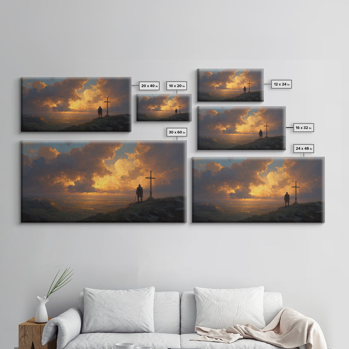 Lone Knight Sunset Wall Art, Medieval Fantasy Landscape Canvas Print, Christian Cross Decor, Masculine Office Art Gift For Him