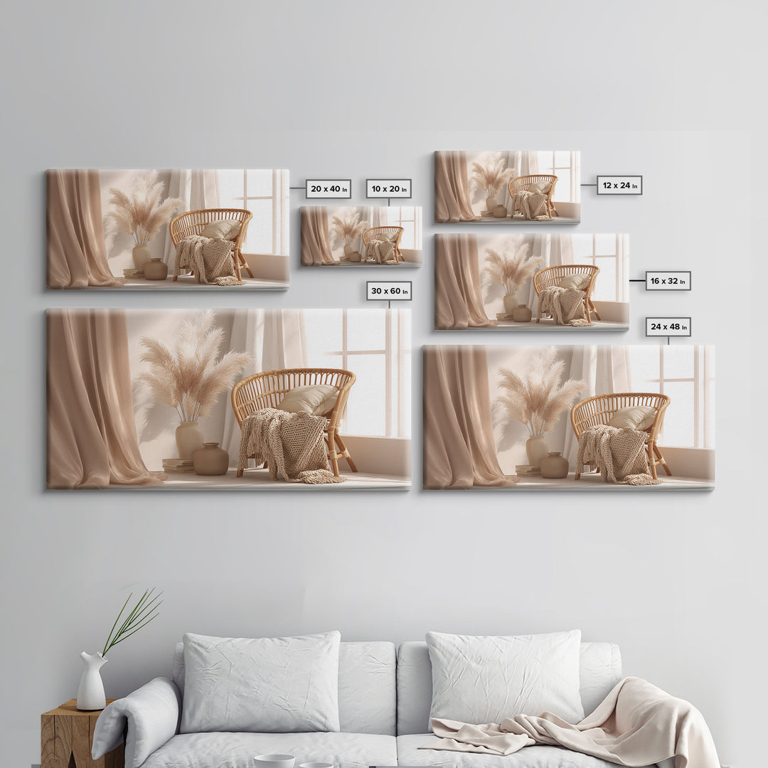 Neutral Wicker Chair With Pampas Grass Canvas Print, Boho Bedroom Wall Art, Cozy Minimalist Decor For Modern Living Room