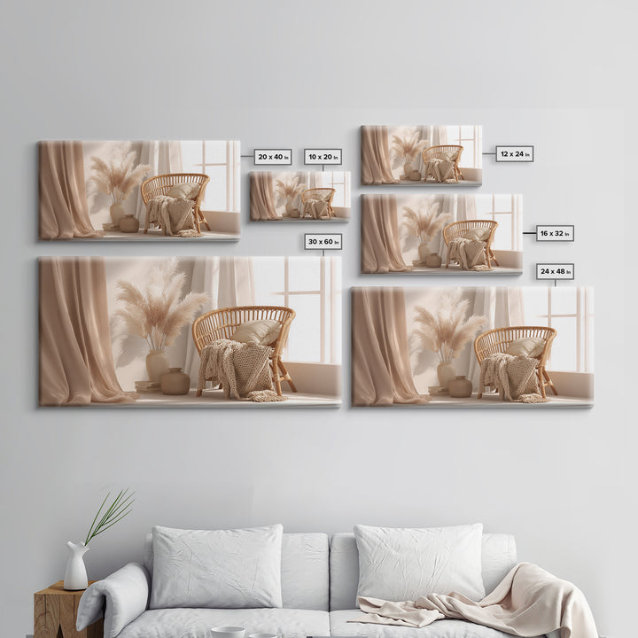 Neutral Wicker Chair With Pampas Grass Canvas Print, Boho Bedroom Wall Art, Cozy Minimalist Decor For Modern Living Room
