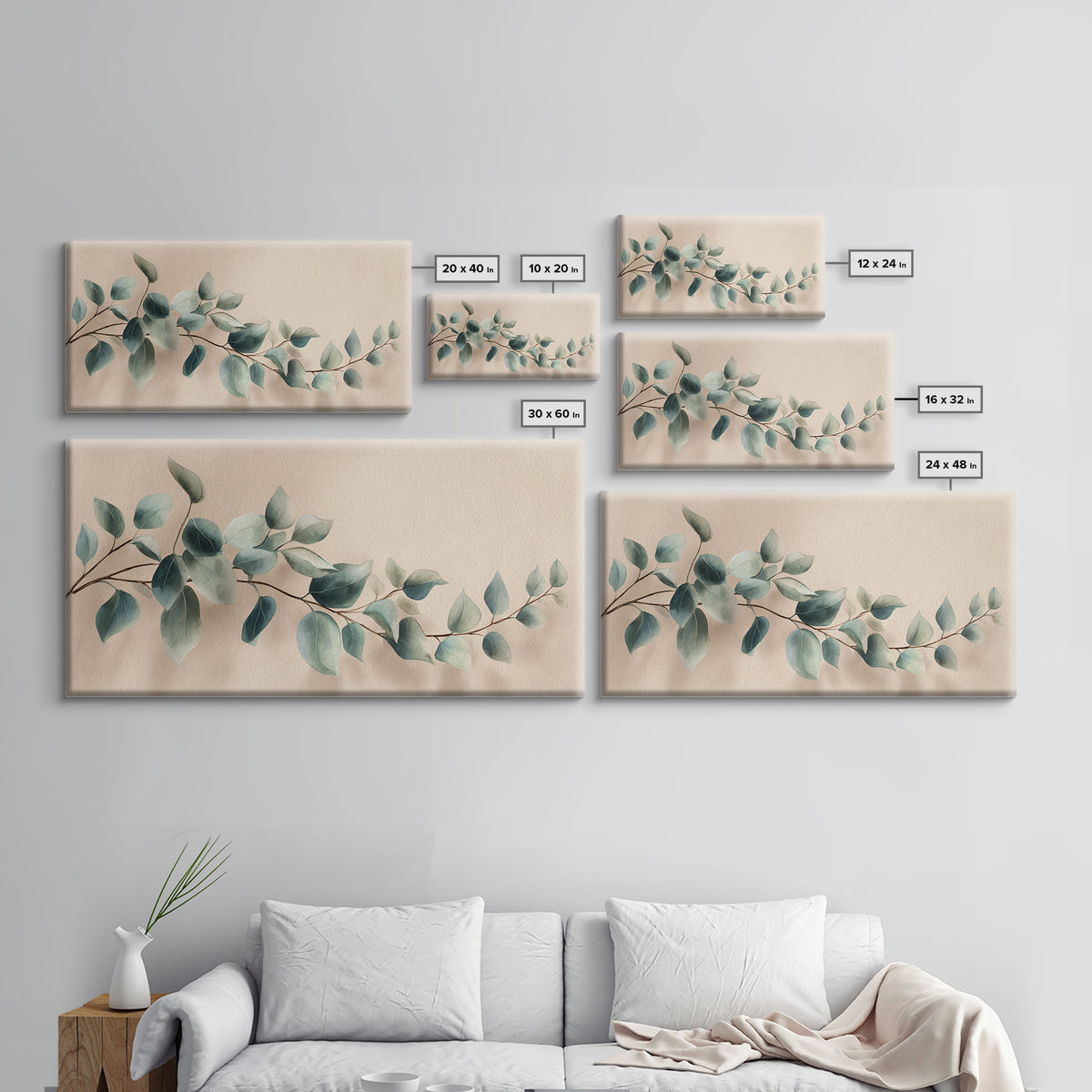 Soft Eucalyptus Branch Canvas Print, Blue Green Botanical Wall Art, Neutral Home Decor, Bedroom Wall Art, Modern Living Room Art