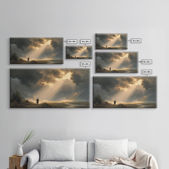 Warrior In Sunlit Mountain Valley Canvas Print, Fantasy Landscape Wall Art, Epic Adventure Decor And Dramatic Office Art
