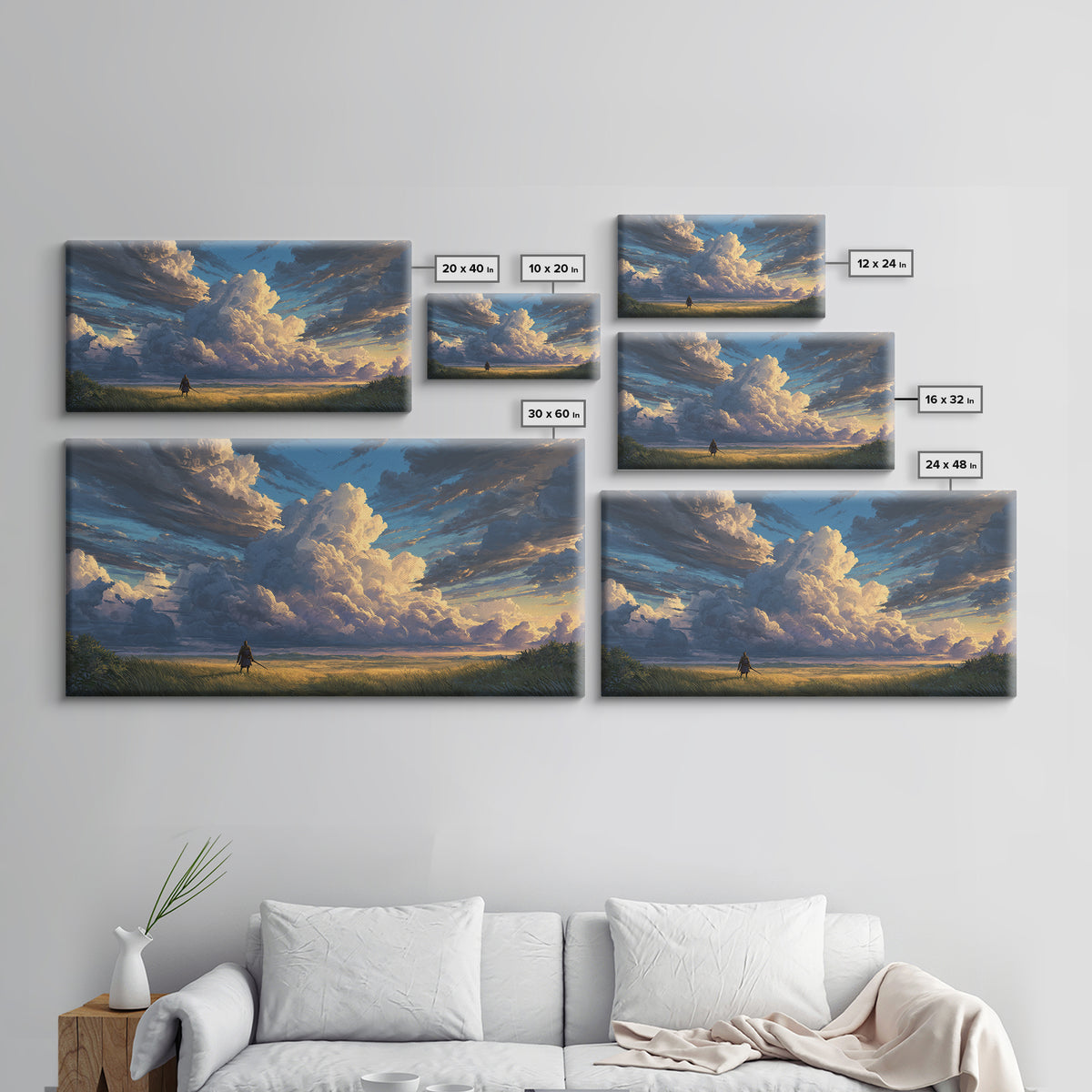 Lone Traveler Beneath Towering Clouds Wall Art, Dramatic Landscape Canvas Print, Calming Nature Living Room Decor, Large Poster