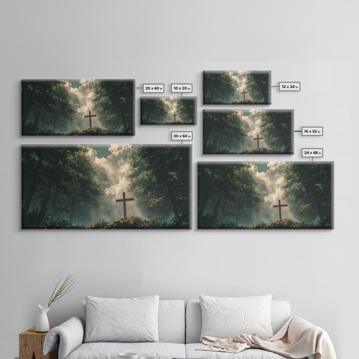 Sunlit Forest Cross Wall Art, Christian Canvas Print, Peaceful Nature Landscape, Bible Verse Decor, Prayer Room Gift, For Him