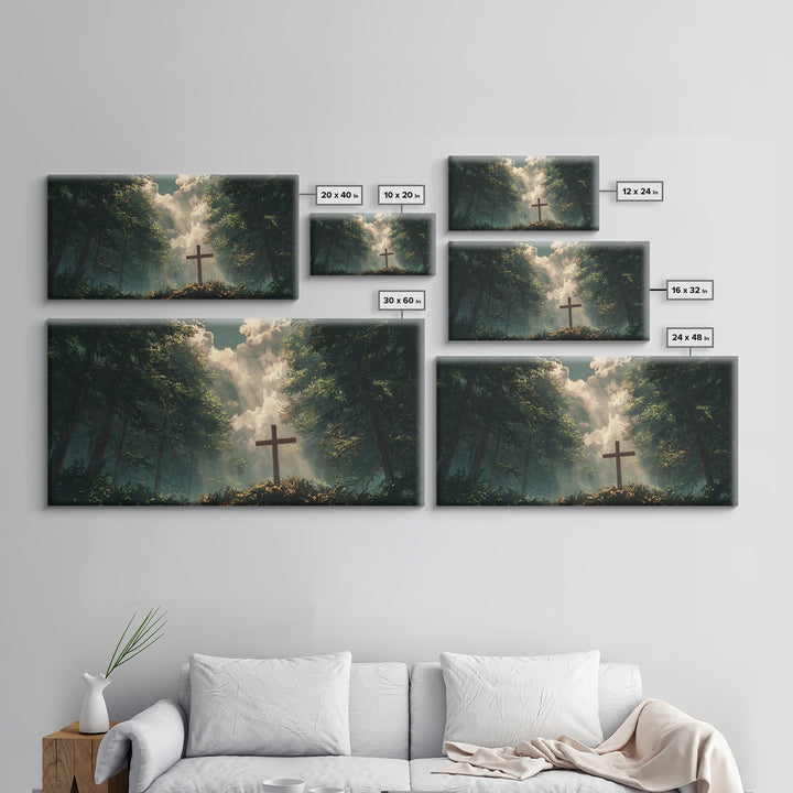 Sunlit Forest Cross Wall Art, Christian Canvas Print, Peaceful Nature Landscape, Bible Verse Decor, Prayer Room Gift, For Him