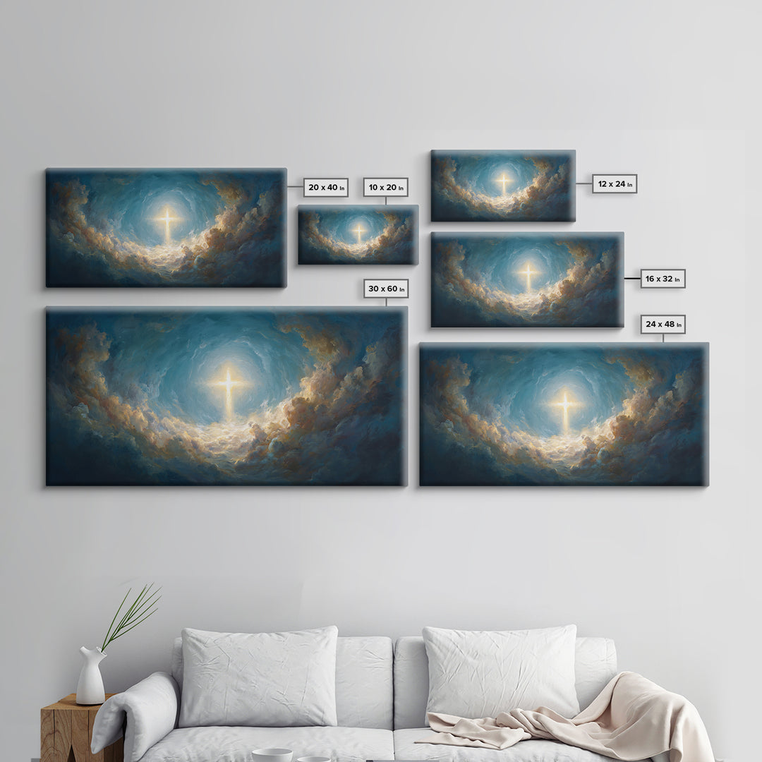 Glowing Cross In Stormy Clouds Wall Art, Christian Canvas Print, Celestial Religious Decor, Inspirational Gift For Home Decor