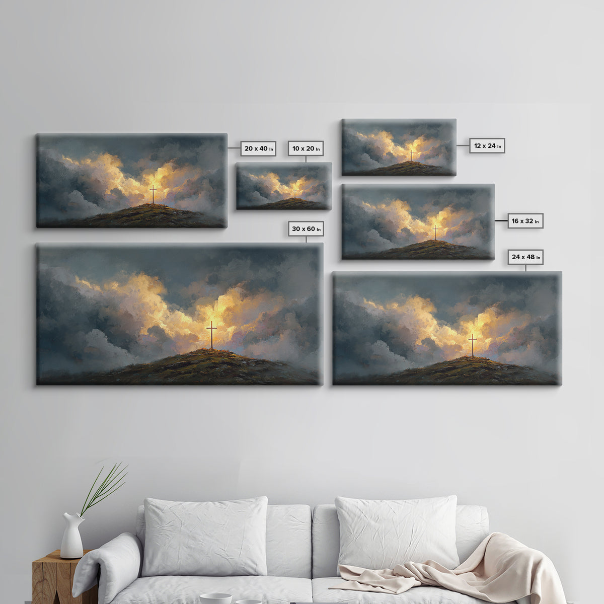Dramatic Cross On Stormy Hill Wall Art, Christian Landscape Canvas, Moody Faith Decor, Religious Gift, Living Room Art Print