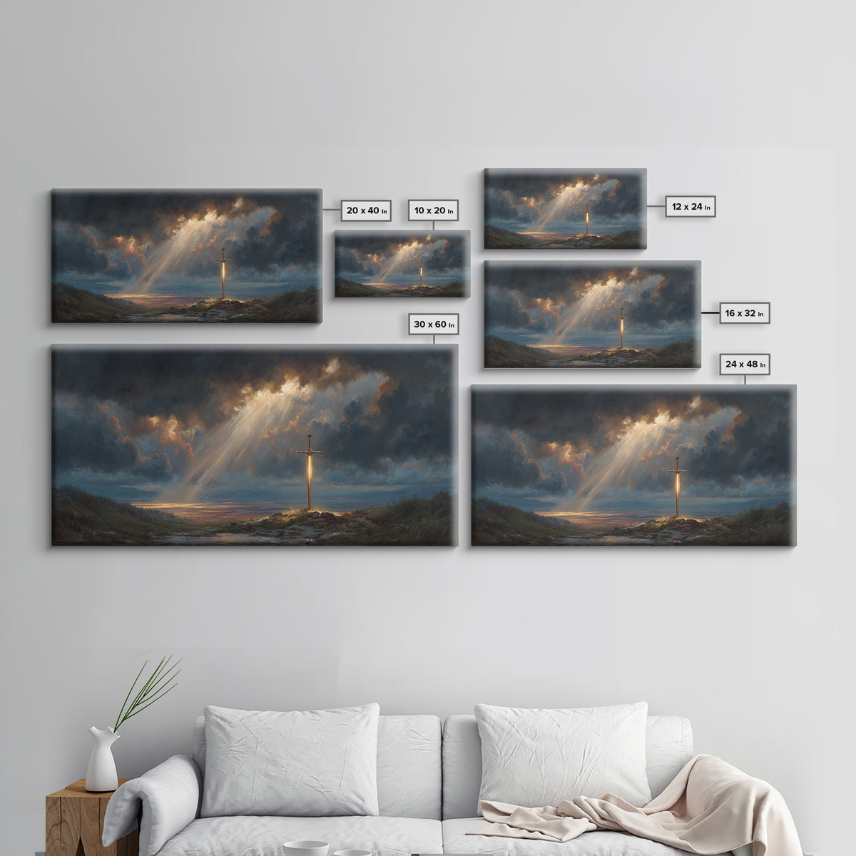 Glowing Sword In Storm Clouds Wall Art, Dramatic Christian Fantasy Canvas Print, Spiritual Decor, Dark Academia Gift For Him