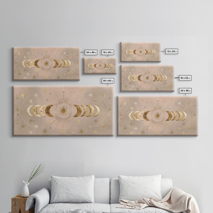 Gold Moon Phase Celestial Wall Art, Mystical Stars And Sun, Boho Bedroom Decor, Astrology Gifts, Above Bed Canvas Print Decor