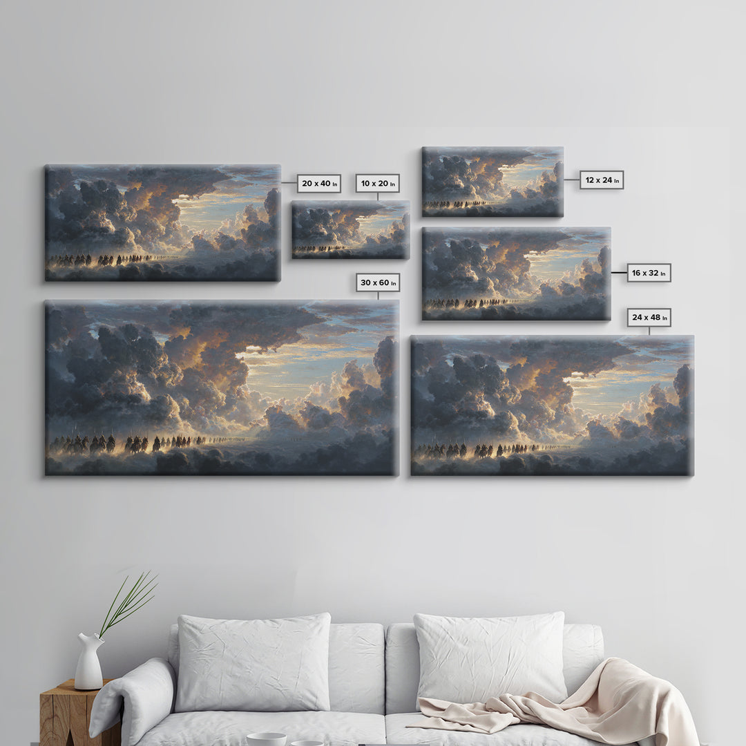 Celestial Riders In Storm Clouds Wall Art, Epic Fantasy Sky Painting, Dramatic Landscape Canvas, Mythological Decor For Office