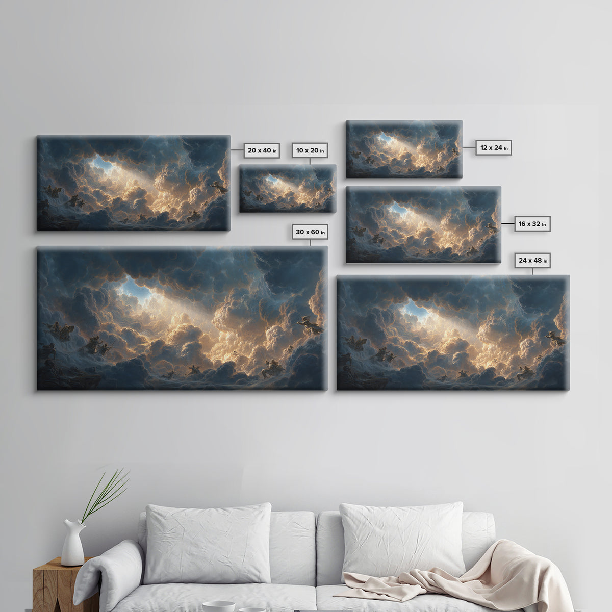 Celestial Riders In Storm Clouds Framed Canvas Print, Epic Fantasy Wall Art, Mythological Sky Painting, Dramatic Decor, Unique Gift