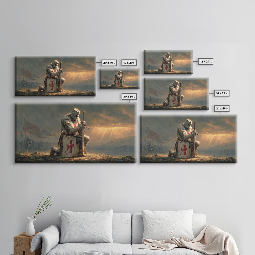 Kneeling Templar Knight Battlefield Wall Art, Medieval Crusader Framed Canvas Print, Dark Fantasy Decor, Christian Warrior Art