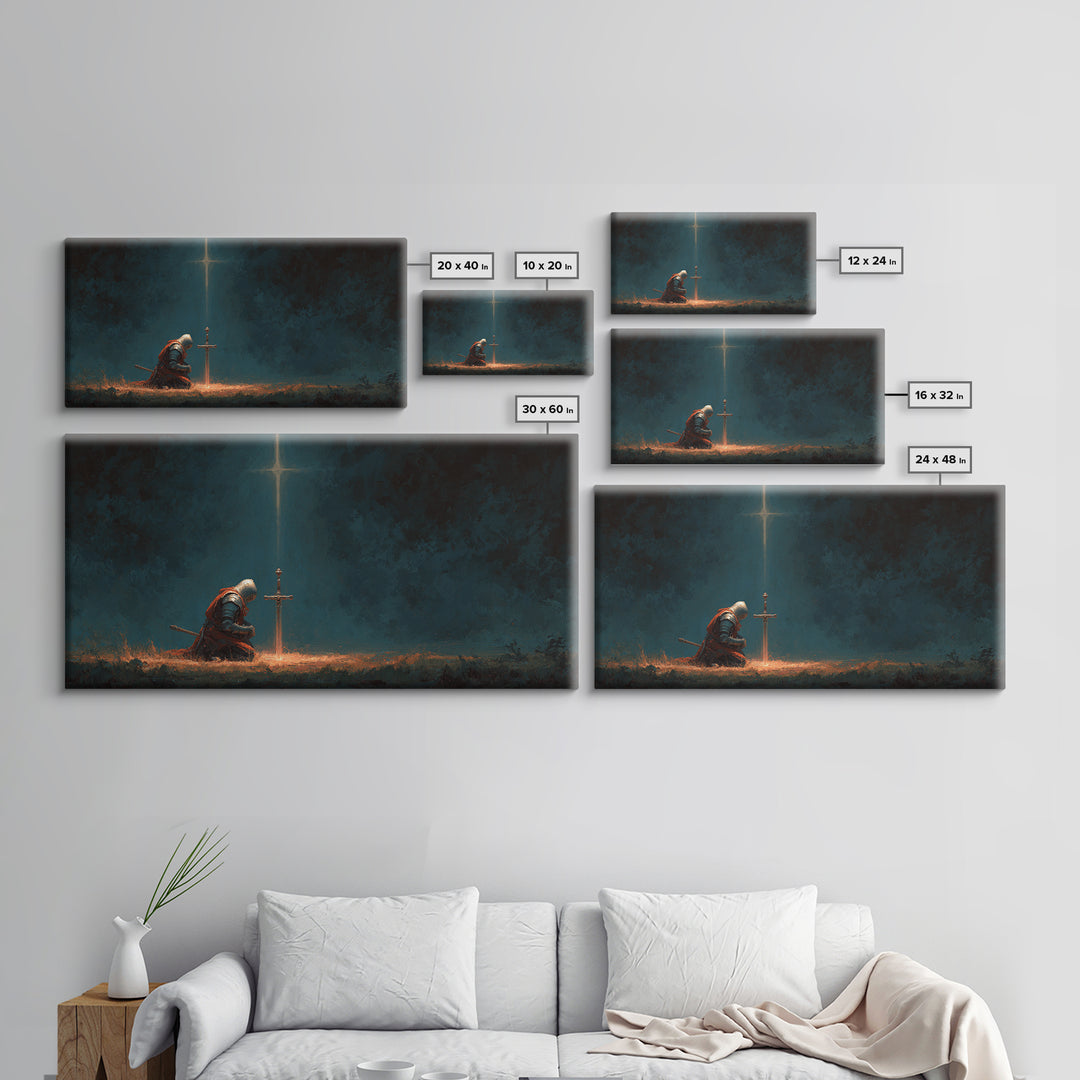 Kneeling Knight Before Cross Canvas Print, Christian Wall Art, Dark Fantasy Decor, Prayer Room Art, Medieval Office Decor