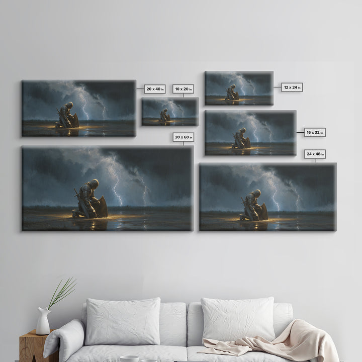 Kneeling Knight In Storm Framed Canvas Print, Dark Fantasy Wall Art, Lightning Rain Medieval Decor, Gothic Gift For Him, Office Decor