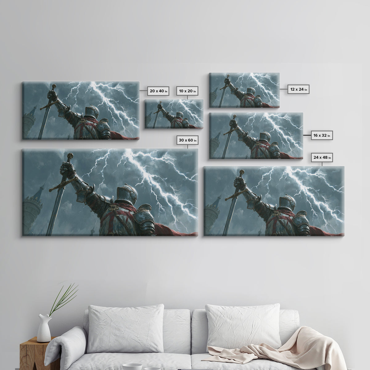 Storm Knight Raising Sword Canvas Print, Medieval Warrior Lightning Scene, Dark Fantasy Wall Art, Gaming Room Decor, Gift For Him