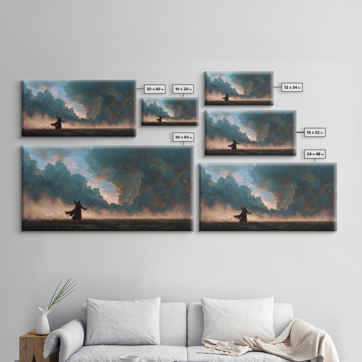 Lone Swordsman Under Storm Clouds Canvas Print, Dark Fantasy Landscape Wall Art, Moody Warrior Decor, RPG Gift For Gamer