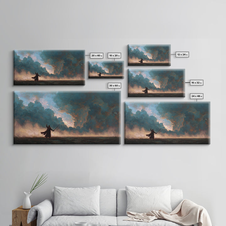 Lone Swordsman Under Storm Clouds Canvas Print, Dark Fantasy Landscape Wall Art, Moody Warrior Decor, RPG Gift For Gamer