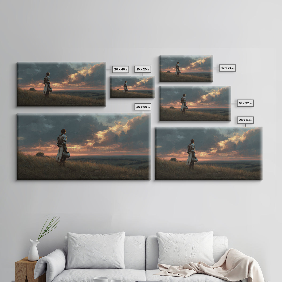 Solitary Knight At Sunset Framed Canvas Print, Medieval Fantasy Landscape Wall Art, Dramatic Medieval Home Decor Gift For Him