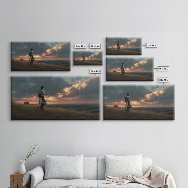 Solitary Knight At Sunset Framed Canvas Print, Medieval Fantasy Landscape Wall Art, Dramatic Medieval Home Decor Gift For Him