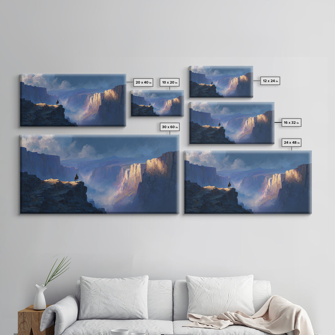 Lonely Rider On Blue Canyon Cliff Wall Art, Fantasy Landscape Canvas Print, Western Decor, Large Statement Artwork For Office
