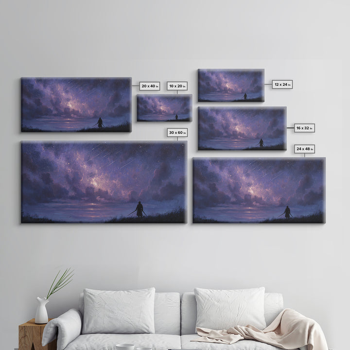 Lone Warrior Beneath Meteor Star Sky Wall Art, Fantasy Landscape Print, Celestial Decor, Gamer Room Canvas Print For Bedroom Decor