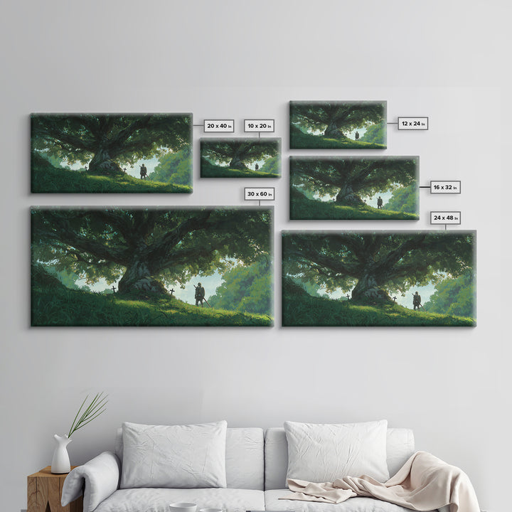 Ancient Oak With Lone Knight Wall Art, Enchanted Forest Canvas Print, Fantasy Landscape For Rustic Home Decor And Nursery Decor