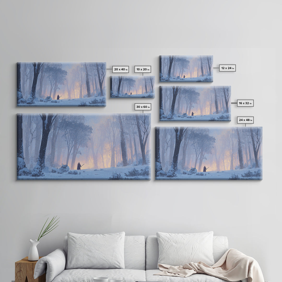 Lone Warrior In Snowy Forest Wall Art, Winter Fantasy Landscape Painting, Moody Woodland Decor, Adventure Canvas Print Gift