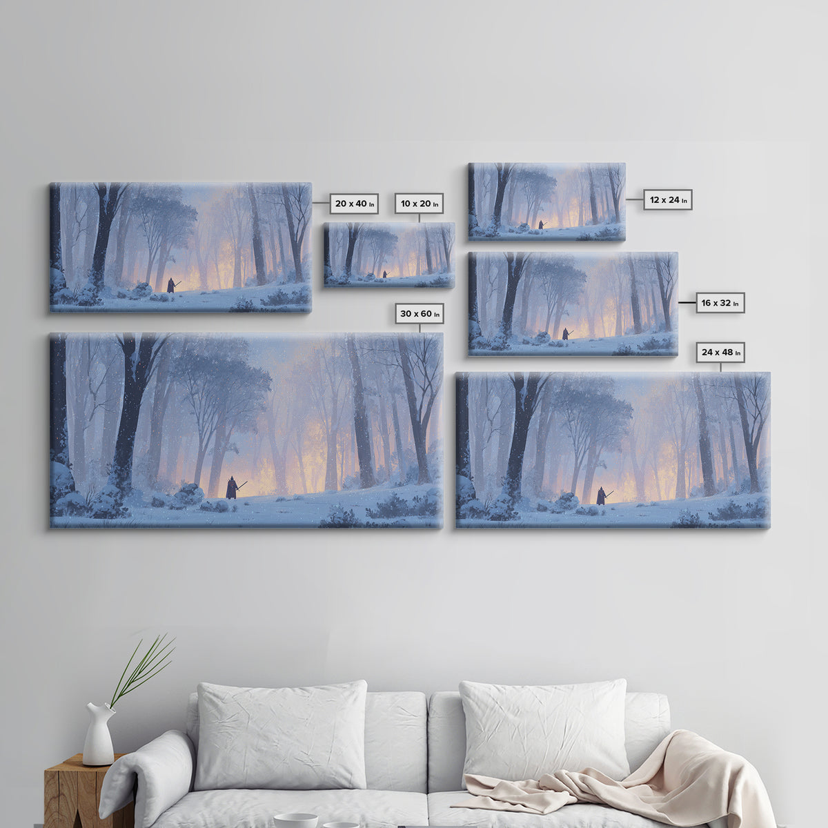 Lone Warrior In Snowy Forest Wall Art, Winter Fantasy Landscape Painting, Moody Woodland Decor, Adventure Canvas Print Gift