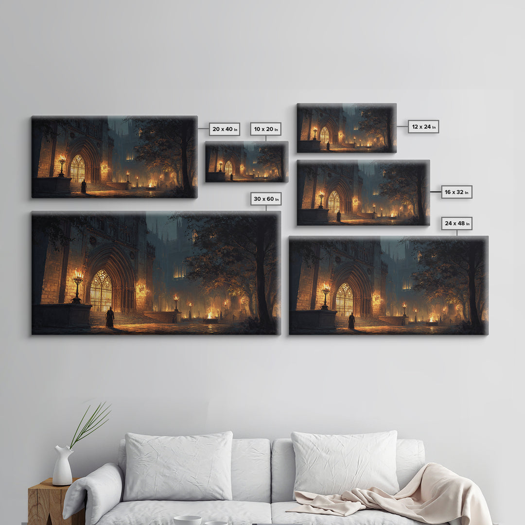 Gothic Cathedral Night Wall Art, Dark Academia Framed Canvas Print, Moody Architecture Poster, Victorian Office Decor, Gift