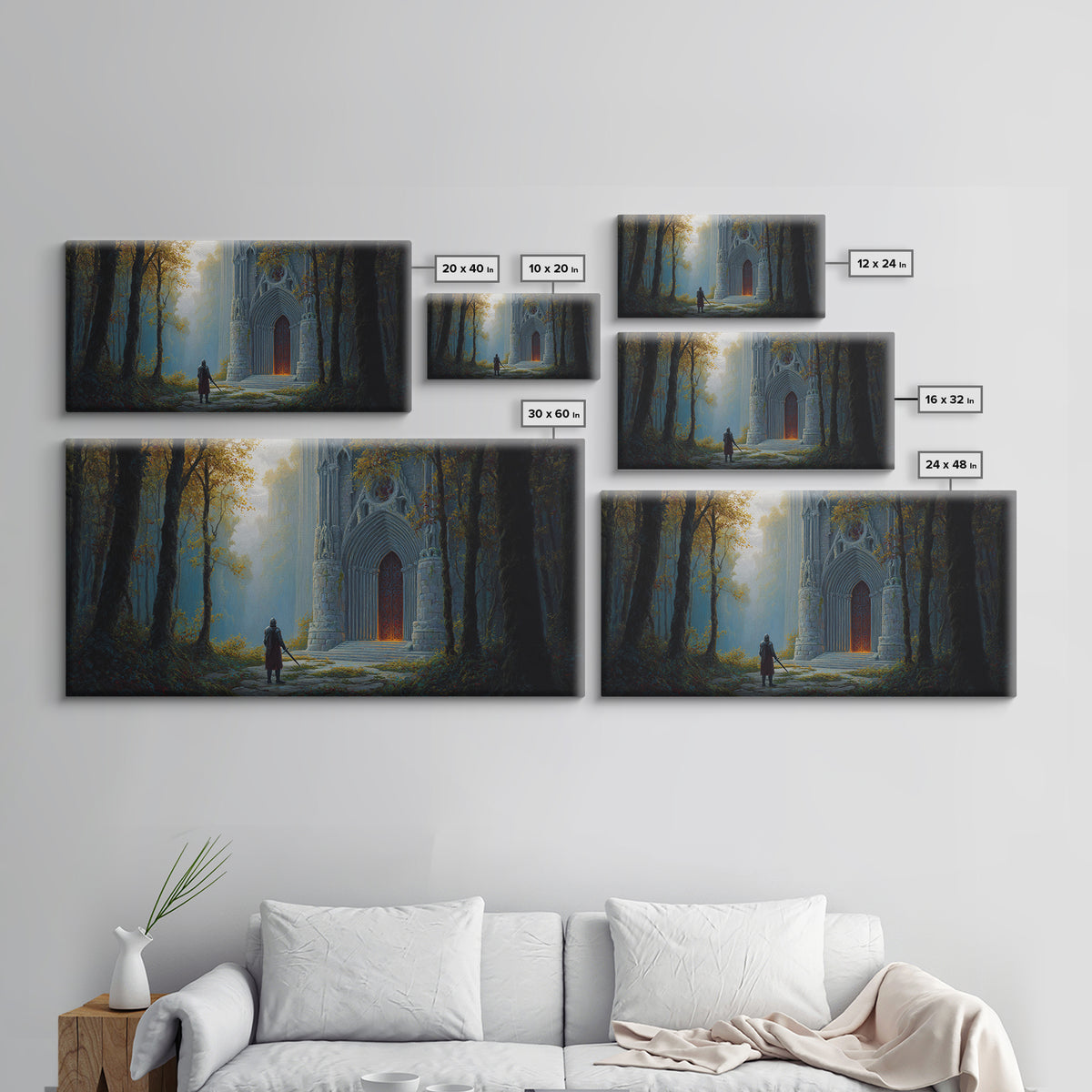 Gothic Forest Cathedral Doorway With Lone Knight Wall Art, Dark Academia Decor, Fantasy Landscape, Large Canvas Print For Bedroom