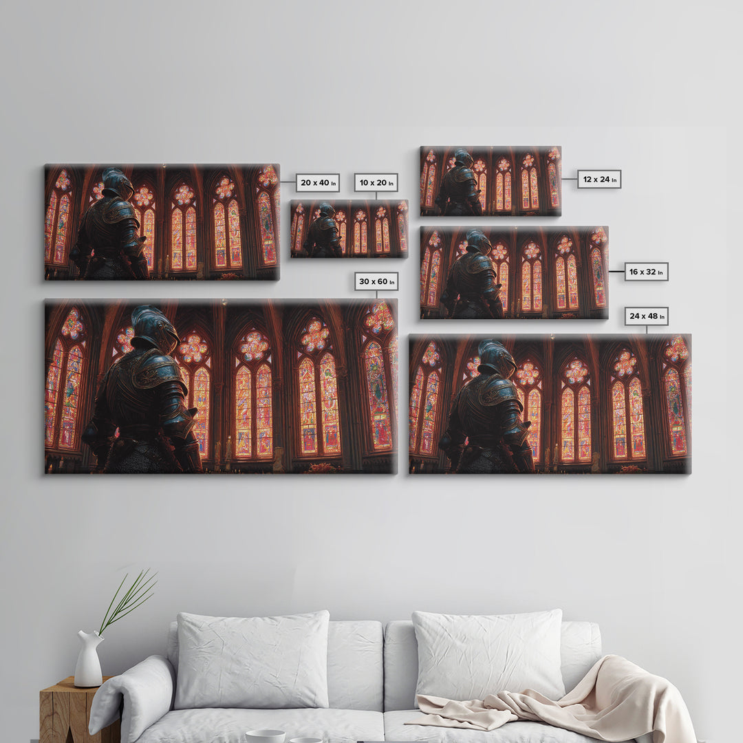 Knight In Stained Glass Cathedral Wall Art, Gothic Medieval Canvas Print, Dark Academia Decor, Fantasy Castle Painting, Church Art