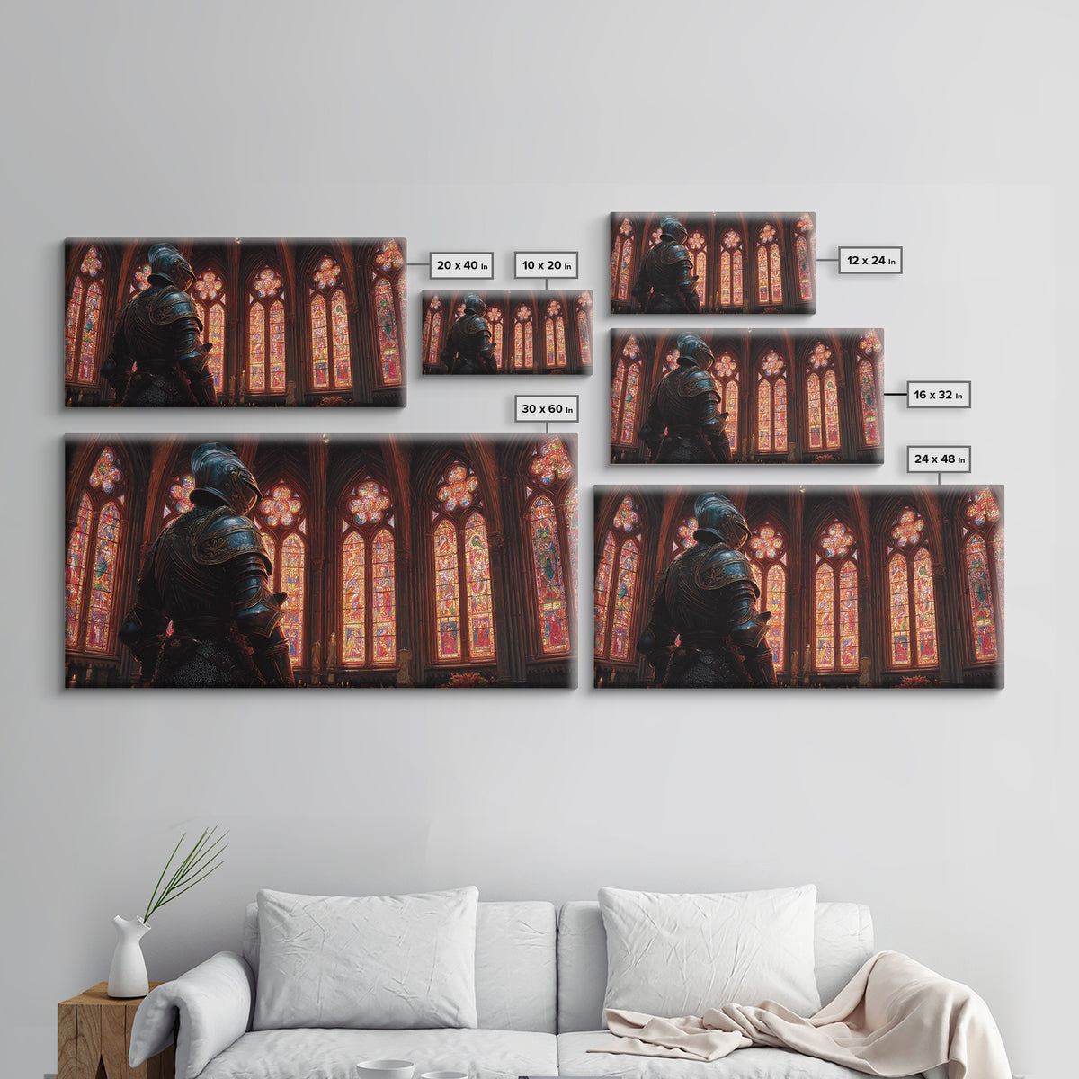 Knight In Stained Glass Cathedral Wall Art, Gothic Medieval Canvas Print, Dark Academia Decor, Fantasy Castle Painting, Church Art