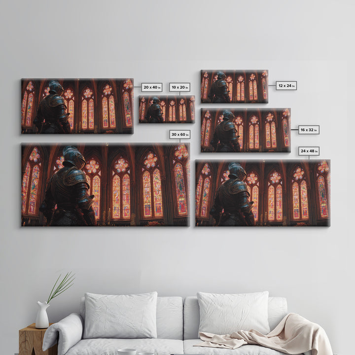 Knight In Stained Glass Cathedral Wall Art, Gothic Medieval Canvas Print, Dark Academia Decor, Fantasy Castle Painting, Church Art